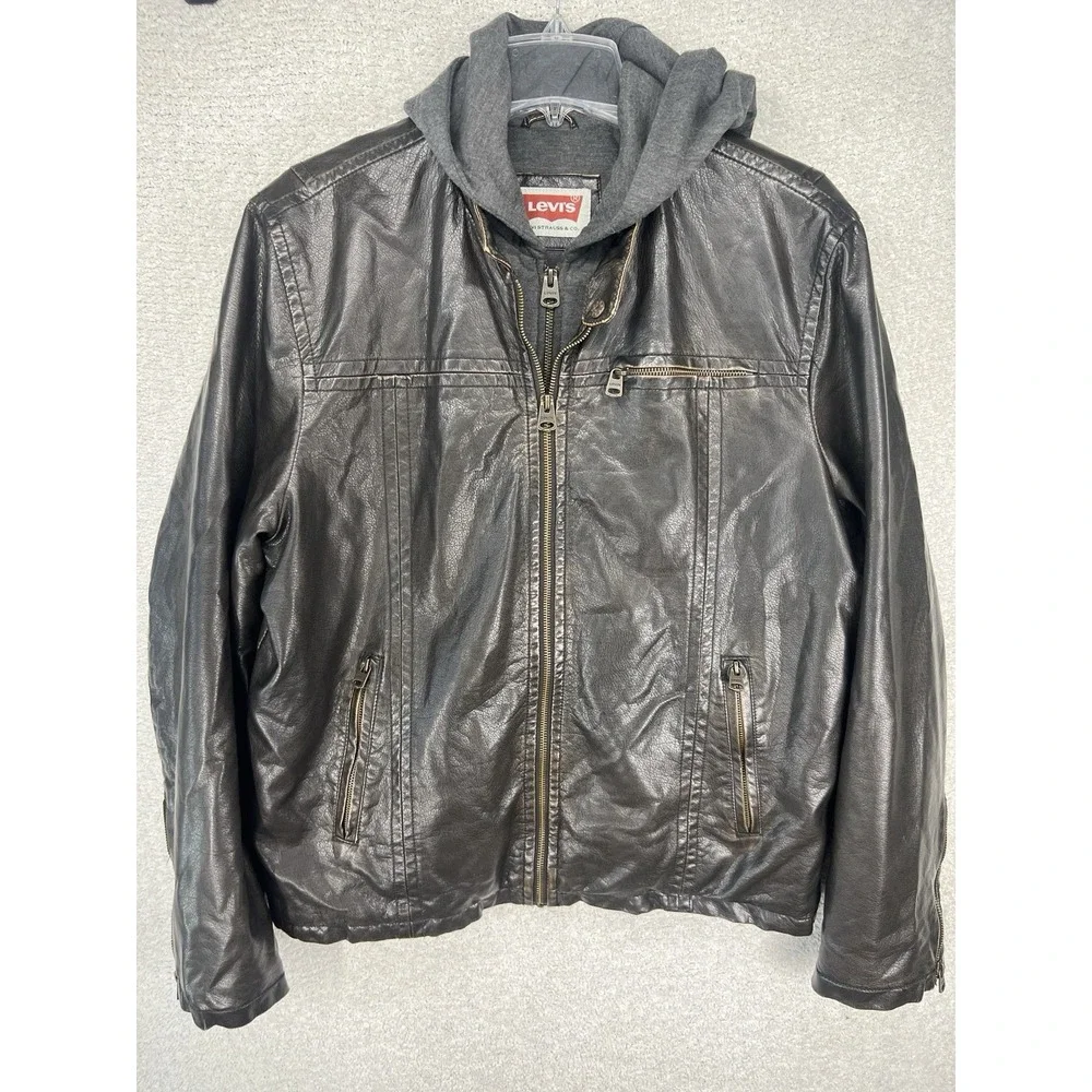 Levi's LM4RU924 Faux Leather Hooded Jacket Mens L Dark Brown Moto Bomber Bib